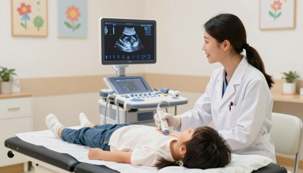 A pediatric ultrasound examination taking place in a bright, clean, and welcoming clinic environment. In the foreground, a child, around 5 years old, lies comfortably on an examination table, dressed in modest casual clothing. A friendly healthcare professional, wearing a white coat and gloves, is using a portable ultrasound device on the child's chest, demonstrating the procedure. In the middle ground, medical equipment is organized neatly, while a screen shows a clear, colorful ultrasound image of the lungs. The background features soothing decorations, such as cheerful wall art and soft lighting to create a calming atmosphere. The overall mood is supportive and reassuring, emphasizing the importance of healthcare and child-friendly medical environments. A pediatric ultrasound examination taking place in a bright, clean, and welcoming clinic environment. In the foreground, a child, around 5 years old, lies comfortably on an examination table, dressed in modest casual clothing. A friendly healthcare professional, wearing a white coat and gloves, is using a portable ultrasound device on the child's chest, demonstrating the procedure. In the middle ground, medical equipment is organized neatly, while a screen shows a clear, colorful ultrasound image of the lungs. The background features soothing decorations, such as cheerful wall art and soft lighting to create a calming atmosphere. The overall mood is supportive and reassuring, emphasizing the importance of healthcare and child-friendly medical environments.