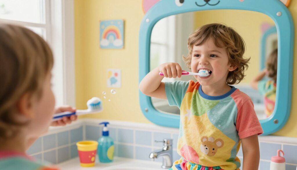 A playful child, around 5 years old, is joyfully brushing their teeth in a brightly colored bathroom. The child, wearing a cheerful, colorful T-shirt and pajamas, stands in front of a fun, cartoon-themed mirror, their expression one of determination and excitement. In the foreground, the toothbrush is in vibrant focus, with foam and toothpaste bubbles artistically captured. In the middle ground, various children’s bathroom items like a colorful cup and a playful bath towel can be seen. The background features cheerful wall decorations and a window letting in warm, natural light, creating an inviting atmosphere. The overall mood is lively and encouraging, emphasizing the importance of dental hygiene while appealing to children's imagination.