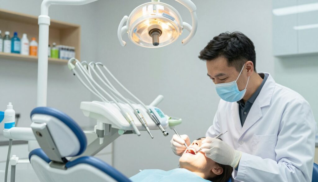 A professional dental clinic interior, showcasing advanced dental procedures for strengthening tooth enamel. In the foreground, a smiling dentist in a white coat, wearing gloves and a mask, carefully examines a patient's teeth with precise dental instruments. In the middle, a modern dental chair equipped with high-tech tools and a bright dental light illuminates the scene. The background features shelves neatly arranged with dental supplies, and a sterile environment, emphasizing cleanliness. The lighting is bright and clinical, creating a reassuring atmosphere, while soft shadows add depth to the image. The angle is slightly tilted down to capture the interaction between the dentist and patient, conveying professionalism and care in dental health. A professional dental clinic interior, showcasing advanced dental procedures for strengthening tooth enamel. In the foreground, a smiling dentist in a white coat, wearing gloves and a mask, carefully examines a patient's teeth with precise dental instruments. In the middle, a modern dental chair equipped with high-tech tools and a bright dental light illuminates the scene. The background features shelves neatly arranged with dental supplies, and a sterile environment, emphasizing cleanliness. The lighting is bright and clinical, creating a reassuring atmosphere, while soft shadows add depth to the image. The angle is slightly tilted down to capture the interaction between the dentist and patient, conveying professionalism and care in dental health.