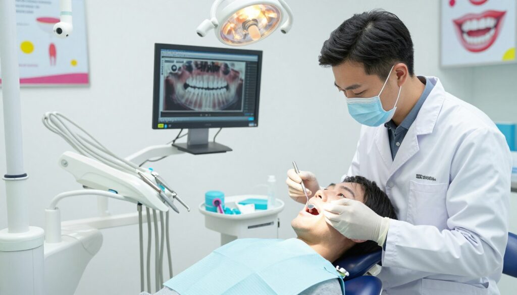 A professional dental clinic scene showcasing the importance of regular dental check-ups. In the foreground, a dentist, dressed in a white coat and protective gloves, is examining a patient's mouth using a dental mirror and explorer. The patient sits in a comfortable dental chair, looking calm and attentive, wearing a patient gown. In the middle ground, there’s a clean, organized dental workstation equipped with tools, a dental light shining softly above, and a monitor displaying tooth charts. The background features bright, cheerful dental decor, including motivational posters about dental health. The lighting is bright and sterile, creating a reassuring and professional atmosphere. The angle captures both the dentist's focused expression and the patient's relaxed demeanor, emphasizing the importance of routine dental visits.