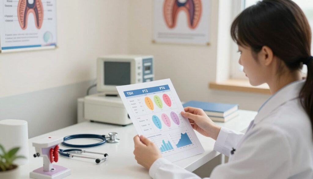 A professional doctor examining thyroid test results in a modern clinic setting. In the foreground, a focused female endocrinologist in a white lab coat studies a colorful chart showcasing TSH, FT3, and FT4 levels, surrounded by detailed graphs and diagrams. In the middle, a clean, organized desk with medical equipment like a stethoscope and thyroid model. The background features a softly lit room with medical posters explaining thyroid function. Warm, inviting lighting enhances the atmosphere, conveying a sense of professionalism and care. The angle is slightly above eye level, providing a comprehensive view of both the doctor and the informative materials. The overall mood is informative and professional, ideal for a medical analysis context.