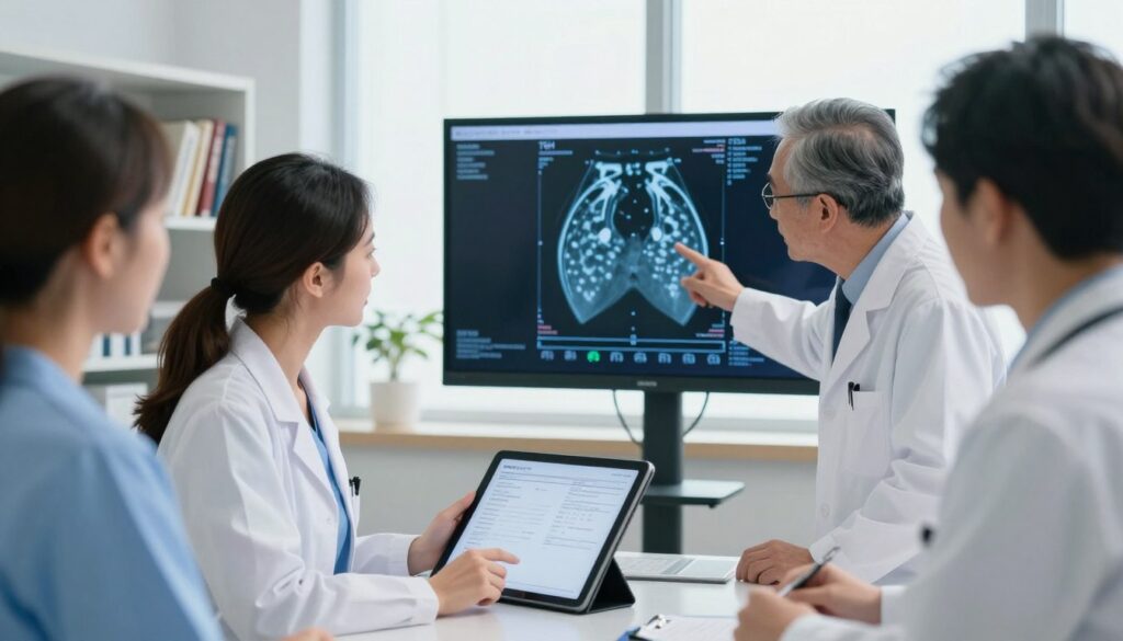 A professional medical setting featuring a diverse group of healthcare specialists analyzing thyroid test results. In the foreground, a focused female doctor in a white coat examines laboratory results on a digital tablet. Beside her, a middle-aged male endocrinologist, also in a white coat, points towards a thyroid scan displayed on a wall-mounted screen, illustrating complex data of TSH, FT3, and FT4 levels. In the background, shelves filled with medical textbooks and a large window letting in soft natural light create a calm atmosphere. Use bright, clinical lighting that emphasizes clarity and professionalism, captured with a slightly angled perspective to add depth to the scene. The mood should feel collaborative and informative, conveying the importance of accurate interpretation in medical practice. A professional medical setting featuring a diverse group of healthcare specialists analyzing thyroid test results. In the foreground, a focused female doctor in a white coat examines laboratory results on a digital tablet. Beside her, a middle-aged male endocrinologist, also in a white coat, points towards a thyroid scan displayed on a wall-mounted screen, illustrating complex data of TSH, FT3, and FT4 levels. In the background, shelves filled with medical textbooks and a large window letting in soft natural light create a calm atmosphere. Use bright, clinical lighting that emphasizes clarity and professionalism, captured with a slightly angled perspective to add depth to the scene. The mood should feel collaborative and informative, conveying the importance of accurate interpretation in medical practice.