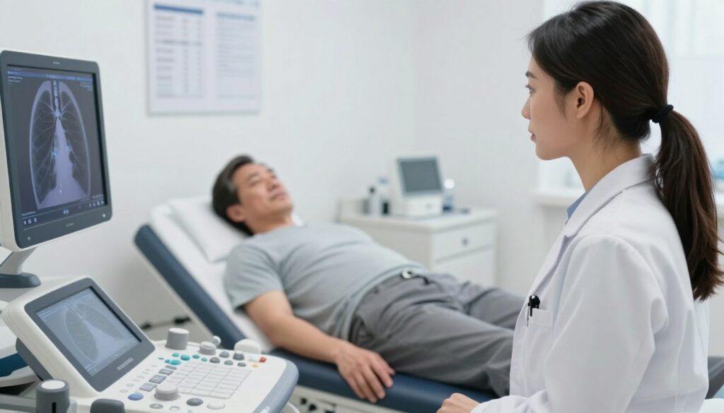 A professional medical setting featuring a doctor and a patient engaged in a lung ultrasound examination. The foreground should depict a focused female doctor in a white lab coat, using a modern ultrasound machine with a transparent screen displaying lung images. The middle includes the patient, who is a middle-aged man in modest casual clothing, lying comfortably on an exam table. The background shows a clean, well-lit examination room with medical charts and equipment, creating a clinical atmosphere. Soft, diffused lighting enhances the professionalism of the scene, while a slight depth of field keeps attention on the interaction between the doctor and patient. The overall mood conveys trust and care in medical diagnostics.