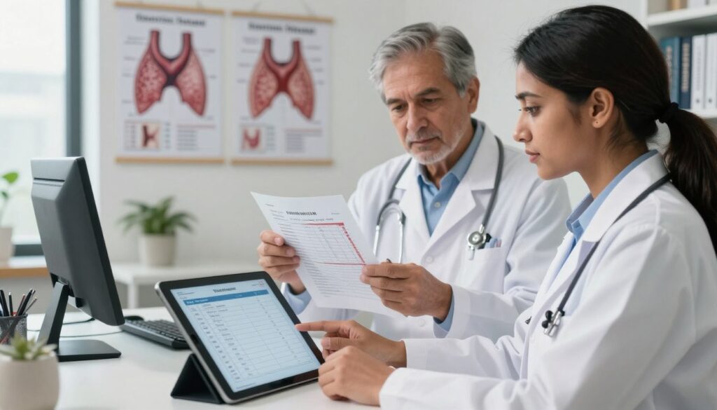 A professional medical setting showcasing a diverse group of healthcare professionals analyzing thyroid test results. In the foreground, a South Asian female doctor in a white coat is focused on a digital tablet displaying TSH test data. Beside her, a middle-aged Caucasian male endocrinologist examines a printed chart with markers indicating different thyroid conditions. The background features a well-organized office adorned with anatomical posters of the thyroid gland, charts of hormone levels, and a bookshelf filled with medical textbooks. Natural light pours in through a window, creating a calm and informative atmosphere. The lens captures a shallow depth of field, emphasizing the professionals while softly blurring the background elements. Overall, the mood is serious yet collaborative, reflecting the importance of accurate thyroid interpretation in patient care. A professional medical setting showcasing a diverse group of healthcare professionals analyzing thyroid test results. In the foreground, a South Asian female doctor in a white coat is focused on a digital tablet displaying TSH test data. Beside her, a middle-aged Caucasian male endocrinologist examines a printed chart with markers indicating different thyroid conditions. The background features a well-organized office adorned with anatomical posters of the thyroid gland, charts of hormone levels, and a bookshelf filled with medical textbooks. Natural light pours in through a window, creating a calm and informative atmosphere. The lens captures a shallow depth of field, emphasizing the professionals while softly blurring the background elements. Overall, the mood is serious yet collaborative, reflecting the importance of accurate thyroid interpretation in patient care.