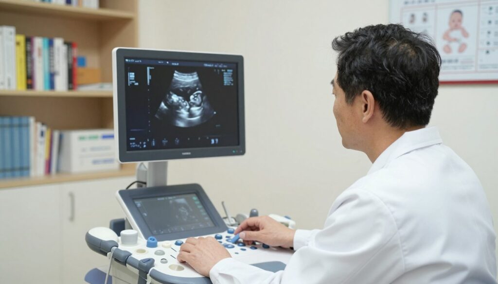 A professional obstetrician in a white lab coat, focused on the ultrasound screen displaying a detailed image of a fetus's head circumference. The doctor, a middle-aged individual with short dark hair, is intently measuring the baby's head using a high-resolution ultrasound device. The room is well-lit with soft ambient lighting, creating a clinical yet calm atmosphere. In the background, shelves filled with medical books and prenatal charts are slightly blurred to maintain focus on the doctor and the ultrasound screen. The angle captures the intricate details of the ultrasound image, highlighting the measurement process, embodying a sense of professionalism and care in prenatal healthcare. A professional obstetrician in a white lab coat, focused on the ultrasound screen displaying a detailed image of a fetus's head circumference. The doctor, a middle-aged individual with short dark hair, is intently measuring the baby's head using a high-resolution ultrasound device. The room is well-lit with soft ambient lighting, creating a clinical yet calm atmosphere. In the background, shelves filled with medical books and prenatal charts are slightly blurred to maintain focus on the doctor and the ultrasound screen. The angle captures the intricate details of the ultrasound image, highlighting the measurement process, embodying a sense of professionalism and care in prenatal healthcare.