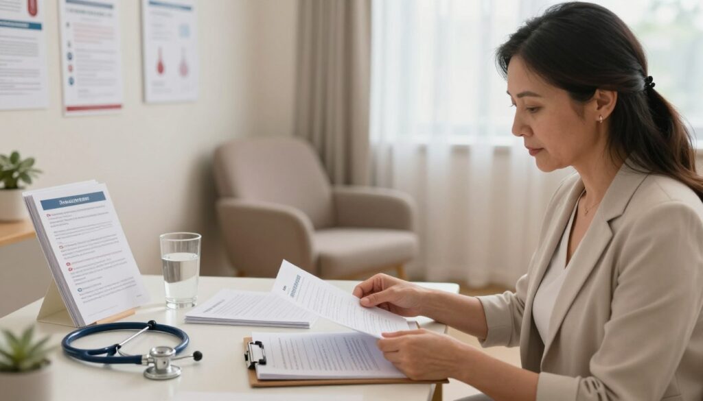 A professional office setting depicting a patient preparing for a hematology appointment. In the foreground, a middle-aged woman dressed in modest, professional attire sits at a desk, organizing important medical documents and a notepad. In the middle, a small table holds a stethoscope, informational pamphlets about blood disorders, and a glass of water. The background features a warmly lit consultation room with medical charts on the walls, a comfortable chair, and a window with soft natural light filtering through sheer curtains. The mood is calm and focused, evoking a sense of anticipation and importance as the woman prepares for her visit with the hematologist. A soft depth of field effect is applied to highlight the patient’s expression while keeping the setting in view. A professional office setting depicting a patient preparing for a hematology appointment. In the foreground, a middle-aged woman dressed in modest, professional attire sits at a desk, organizing important medical documents and a notepad. In the middle, a small table holds a stethoscope, informational pamphlets about blood disorders, and a glass of water. The background features a warmly lit consultation room with medical charts on the walls, a comfortable chair, and a window with soft natural light filtering through sheer curtains. The mood is calm and focused, evoking a sense of anticipation and importance as the woman prepares for her visit with the hematologist. A soft depth of field effect is applied to highlight the patient’s expression while keeping the setting in view.