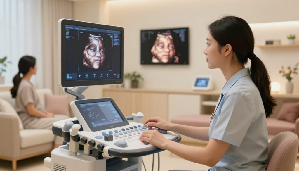 A professional ultrasound room featuring a 3D ultrasound machine displaying an image of a baby's face. In the foreground, a healthcare professional in modest, casual attire is preparing the equipment, looking focused and attentive. The middle ground includes a cozy, warmly lit examination area with comfortable seating for parents and soft-colored decor that creates a calming atmosphere. In the background, there's a monitor showing a 3D rendered image of a baby, emphasizing the details of the facial features. The lighting is soft and inviting, creating a serene mood that reflects the anticipation of parents awaiting their baby's arrival. The overall composition conveys a sense of professionalism and care, suitable for a medical article. A professional ultrasound room featuring a 3D ultrasound machine displaying an image of a baby's face. In the foreground, a healthcare professional in modest, casual attire is preparing the equipment, looking focused and attentive. The middle ground includes a cozy, warmly lit examination area with comfortable seating for parents and soft-colored decor that creates a calming atmosphere. In the background, there's a monitor showing a 3D rendered image of a baby, emphasizing the details of the facial features. The lighting is soft and inviting, creating a serene mood that reflects the anticipation of parents awaiting their baby's arrival. The overall composition conveys a sense of professionalism and care, suitable for a medical article.