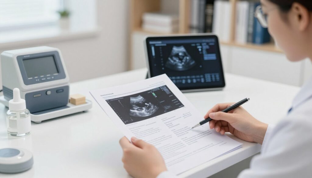 A professional workspace featuring a detailed interpretation of ultrasound reports, centered on the theme of technical norms and communications. In the foreground, highlight an open ultrasound report with visible graphs and data points alongside a pair of hands in professional attire examining it closely. The middle ground includes a sleek modern desk with medical instruments and a digital tablet displaying an informative chart. The background showcases a well-lit office environment with a soft focus on a bookshelf filled with medical literature. Ensure the lighting is bright and inviting, enhancing an atmosphere of professionalism and clarity. Capture the mood of careful analysis and understanding in this medical context, while avoiding distractions or unrelated elements. A professional workspace featuring a detailed interpretation of ultrasound reports, centered on the theme of technical norms and communications. In the foreground, highlight an open ultrasound report with visible graphs and data points alongside a pair of hands in professional attire examining it closely. The middle ground includes a sleek modern desk with medical instruments and a digital tablet displaying an informative chart. The background showcases a well-lit office environment with a soft focus on a bookshelf filled with medical literature. Ensure the lighting is bright and inviting, enhancing an atmosphere of professionalism and clarity. Capture the mood of careful analysis and understanding in this medical context, while avoiding distractions or unrelated elements.