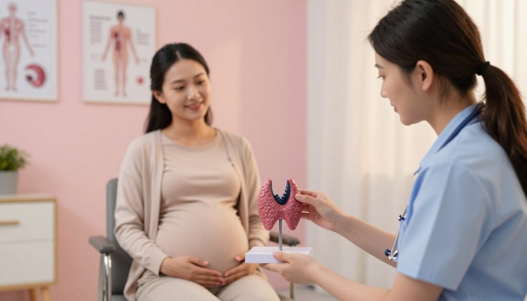 A serene and informative healthcare setting that emphasizes the importance of thyroid health during pregnancy. In the foreground, a focused healthcare professional in modest casual clothing examines a thyroid model, symbolizing hypothyroidism's role in maternal and fetal health. In the middle ground, a pregnant woman sits comfortably in a consultation chair, appearing attentive and hopeful, with a gentle smile that conveys optimism for her upcoming journey into motherhood. The background features calming pastel colors and subtle medical charts on the walls, enhancing the professional atmosphere. Soft, warm lighting illuminates the scene, casting gentle shadows that create a peaceful mood. The image captures the essence of support and knowledge essential for women planning a pregnancy amidst thyroid concerns. A serene and informative healthcare setting that emphasizes the importance of thyroid health during pregnancy. In the foreground, a focused healthcare professional in modest casual clothing examines a thyroid model, symbolizing hypothyroidism's role in maternal and fetal health. In the middle ground, a pregnant woman sits comfortably in a consultation chair, appearing attentive and hopeful, with a gentle smile that conveys optimism for her upcoming journey into motherhood. The background features calming pastel colors and subtle medical charts on the walls, enhancing the professional atmosphere. Soft, warm lighting illuminates the scene, casting gentle shadows that create a peaceful mood. The image captures the essence of support and knowledge essential for women planning a pregnancy amidst thyroid concerns.