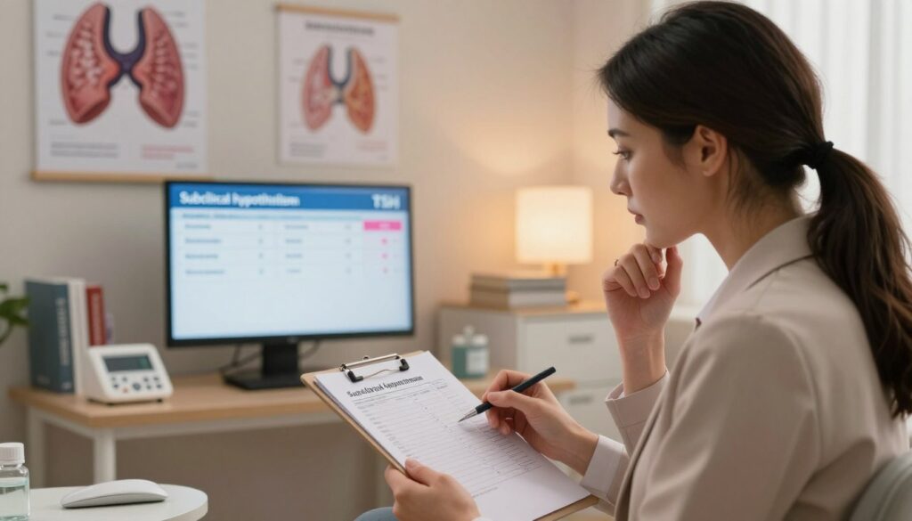A serene and informative medical setting focused on subclinical hypothyroidism. In the foreground, a professional-looking woman in business attire is examining blood test results on a clipboard, displaying a thoughtful expression. In the middle, a digital display shows thyroid hormone levels with a highlighted TSH value, visually illustrating the concept of subclinical hypothyroidism. The background features a softly lit consultation room with anatomical posters of the thyroid gland, medical books, and a small desk with medical equipment. The lighting is warm and inviting to convey a calm atmosphere, reflecting the importance of understanding thyroid health. The angle of the shot is slightly above eye level, focusing on the interaction with test results while subtly incorporating the medical environment.