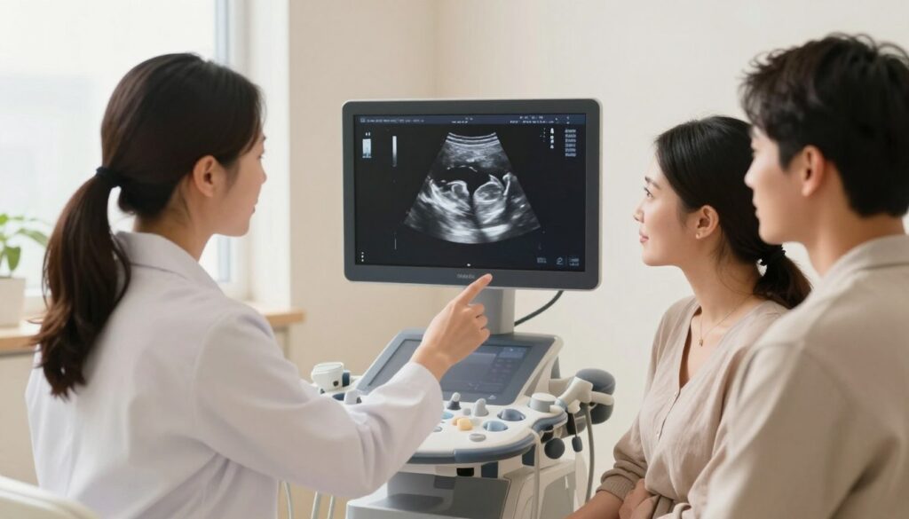 A serene and informative scene depicting a prenatal ultrasound examination in a bright, well-lit medical room. In the foreground, a professional female sonographer in a white lab coat is gently explaining the ultrasound image to a couple, both dressed in modest casual clothing. The middle ground features a large, clear ultrasound screen displaying a well-defined, stylized ultrasound image of a male fetus, emphasizing clarity and detail. Surrounding the scene, soft, calming colors enhance the atmosphere, with natural light streaming in from a nearby window, creating a warm, inviting environment. A subtle focus on the facial expressions of the parents conveys a mix of anticipation and curiosity. The overall mood is supportive and hopeful, capturing the essence of modern prenatal care. A serene and informative scene depicting a prenatal ultrasound examination in a bright, well-lit medical room. In the foreground, a professional female sonographer in a white lab coat is gently explaining the ultrasound image to a couple, both dressed in modest casual clothing. The middle ground features a large, clear ultrasound screen displaying a well-defined, stylized ultrasound image of a male fetus, emphasizing clarity and detail. Surrounding the scene, soft, calming colors enhance the atmosphere, with natural light streaming in from a nearby window, creating a warm, inviting environment. A subtle focus on the facial expressions of the parents conveys a mix of anticipation and curiosity. The overall mood is supportive and hopeful, capturing the essence of modern prenatal care.