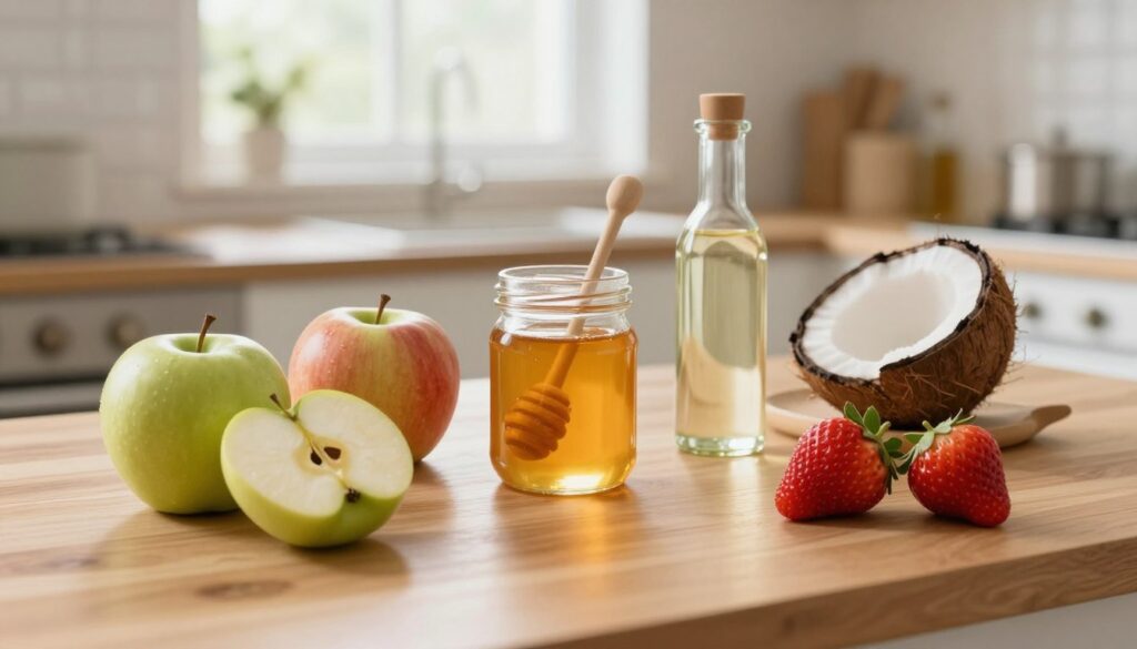A serene and inviting kitchen interior, focused on a wooden kitchen table where a variety of natural ingredients used for strengthening tooth enamel are displayed. In the foreground, there are fresh fruits like crunchy apples and ripe strawberries, alongside jars of honey and coconut oil, symbolizing home remedies. A softly lit window in the background allows natural light to filter through, highlighting the ingredients’ vibrant colors. A gentle, warm atmosphere permeates the scene, evoking a sense of comfort and health. The image captures a close-up perspective, emphasizing the details of the natural items while maintaining a clean and organized aesthetic. The overall mood suggests an approachable, informative tone suitable for discussing home remedies for dental health. A serene and inviting kitchen interior, focused on a wooden kitchen table where a variety of natural ingredients used for strengthening tooth enamel are displayed. In the foreground, there are fresh fruits like crunchy apples and ripe strawberries, alongside jars of honey and coconut oil, symbolizing home remedies. A softly lit window in the background allows natural light to filter through, highlighting the ingredients’ vibrant colors. A gentle, warm atmosphere permeates the scene, evoking a sense of comfort and health. The image captures a close-up perspective, emphasizing the details of the natural items while maintaining a clean and organized aesthetic. The overall mood suggests an approachable, informative tone suitable for discussing home remedies for dental health.