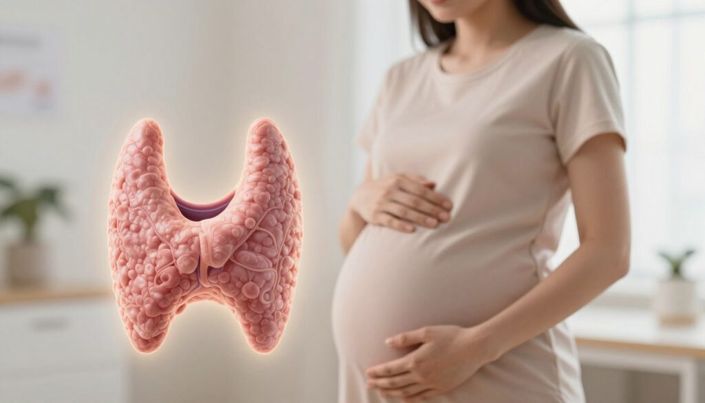 A serene and inviting scene depicting the thyroid gland during pregnancy. In the foreground, a stylized anatomical representation of the thyroid gland is highlighted, showcasing its significance during pregnancy with soft, glowing light. In the middle ground, a pregnant woman in modest, professional attire gently cradles her belly, exuding a sense of tranquility and care. The background features a softly blurred clinical setting with warm, natural lighting, hinting at a supportive healthcare environment. The overall mood is one of hope and wellness, conveying the importance of thyroid function during pregnancy. Use a medium shot with a subtle focus on the anatomical details of the thyroid, emphasizing its role in maternal health without any distractions or text. A serene and inviting scene depicting the thyroid gland during pregnancy. In the foreground, a stylized anatomical representation of the thyroid gland is highlighted, showcasing its significance during pregnancy with soft, glowing light. In the middle ground, a pregnant woman in modest, professional attire gently cradles her belly, exuding a sense of tranquility and care. The background features a softly blurred clinical setting with warm, natural lighting, hinting at a supportive healthcare environment. The overall mood is one of hope and wellness, conveying the importance of thyroid function during pregnancy. Use a medium shot with a subtle focus on the anatomical details of the thyroid, emphasizing its role in maternal health without any distractions or text.