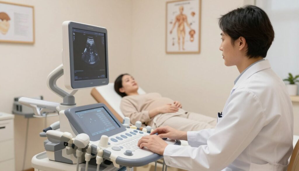 A serene and professional medical environment showcasing the preparation for a mid-pregnancy ultrasound examination. In the foreground, a healthcare professional, dressed in a white lab coat, is carefully setting up the ultrasound machine, displaying a sleek, modern design with various controls and a large screen. To the side, a patient rests comfortably on an examination table, wearing modest, loose-fitting clothing, appearing relaxed and expectant. In the middle ground, soft lighting enhances the calm atmosphere, creating a warm and inviting space. The background features minimalistic medical decor, such as framed anatomical charts and soft, neutral colors on the walls, emphasizing cleanliness and professionalism. The scene conveys a sense of anticipation and care, with a focus on the technological aspects of the ultrasound procedure.