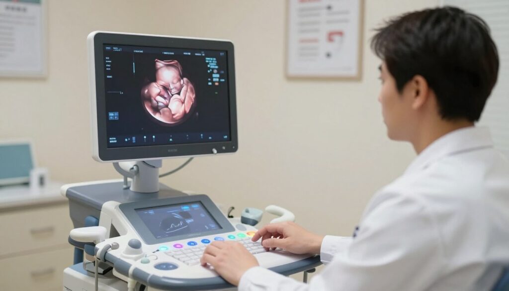 A serene and professional medical setting featuring a focused obstetrician conducting a Doppler ultrasound examination. In the foreground, the obstetrician, dressed in a white lab coat, is attentively monitoring the monitor displaying a vivid image of a developing fetus, illustrating the concept of fetal wellbeing. The middle ground includes advanced ultrasound equipment glowing softly, projecting soothing colors that emphasize a calm atmosphere. The background shows a softly lit examination room decorated with neutral tones and faintly visible medical charts. The overall mood is reassuring and professional, conveying a sense of care and precision in prenatal diagnostics. The lighting is bright but gentle, enhancing the clarity of the image on the monitor, which should showcase highlighted blood flow patterns indicative of fetal health. A serene and professional medical setting featuring a focused obstetrician conducting a Doppler ultrasound examination. In the foreground, the obstetrician, dressed in a white lab coat, is attentively monitoring the monitor displaying a vivid image of a developing fetus, illustrating the concept of fetal wellbeing. The middle ground includes advanced ultrasound equipment glowing softly, projecting soothing colors that emphasize a calm atmosphere. The background shows a softly lit examination room decorated with neutral tones and faintly visible medical charts. The overall mood is reassuring and professional, conveying a sense of care and precision in prenatal diagnostics. The lighting is bright but gentle, enhancing the clarity of the image on the monitor, which should showcase highlighted blood flow patterns indicative of fetal health.