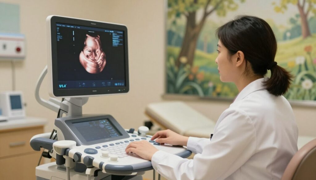 A serene and professional ultrasound examination room with soft, diffused lighting creating a calming atmosphere. In the foreground, a focused ultrasound technician, dressed in a white lab coat and modest attire, attentively monitors a high-tech ultrasound machine displaying a clear image of a developing fetus. The middle ground features the ultrasound monitor showing distinct features indicating the gender of the fetus. In the background, medical equipment and a soothing mural of nature enhance the scene, illustrating a clinical yet comforting environment. The composition captures the essence of a typical ultrasound session, emphasizing the moment when gender can be discerned, with a warm color palette to promote a sense of hope and excitement. A serene and professional ultrasound examination room with soft, diffused lighting creating a calming atmosphere. In the foreground, a focused ultrasound technician, dressed in a white lab coat and modest attire, attentively monitors a high-tech ultrasound machine displaying a clear image of a developing fetus. The middle ground features the ultrasound monitor showing distinct features indicating the gender of the fetus. In the background, medical equipment and a soothing mural of nature enhance the scene, illustrating a clinical yet comforting environment. The composition captures the essence of a typical ultrasound session, emphasizing the moment when gender can be discerned, with a warm color palette to promote a sense of hope and excitement.