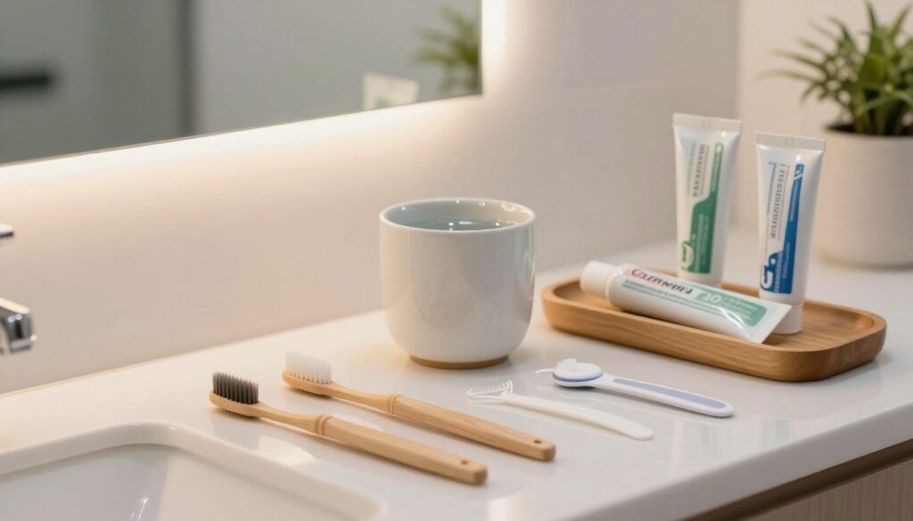A serene bathroom setting showcasing a well-organized selection of oral hygiene accessories. In the foreground, display a variety of soft-bristled toothbrushes, gentle dental floss, and a sleek, modern tongue scraper arranged elegantly on a clean, white countertop. The middle ground features a stylish ceramic cup for rinsing, filled with refreshing water, and a natural wooden tray holding organic toothpaste tubes. In the background, a large mirror reflects soft, ambient lighting, illuminating the space with a calming glow. Gentle greenery is visible on the windowsill, enhancing the clean, fresh atmosphere. The overall mood is serene and inviting, emphasizing the importance of proper oral hygiene without irritation. A serene bathroom setting showcasing a well-organized selection of oral hygiene accessories. In the foreground, display a variety of soft-bristled toothbrushes, gentle dental floss, and a sleek, modern tongue scraper arranged elegantly on a clean, white countertop. The middle ground features a stylish ceramic cup for rinsing, filled with refreshing water, and a natural wooden tray holding organic toothpaste tubes. In the background, a large mirror reflects soft, ambient lighting, illuminating the space with a calming glow. Gentle greenery is visible on the windowsill, enhancing the clean, fresh atmosphere. The overall mood is serene and inviting, emphasizing the importance of proper oral hygiene without irritation.