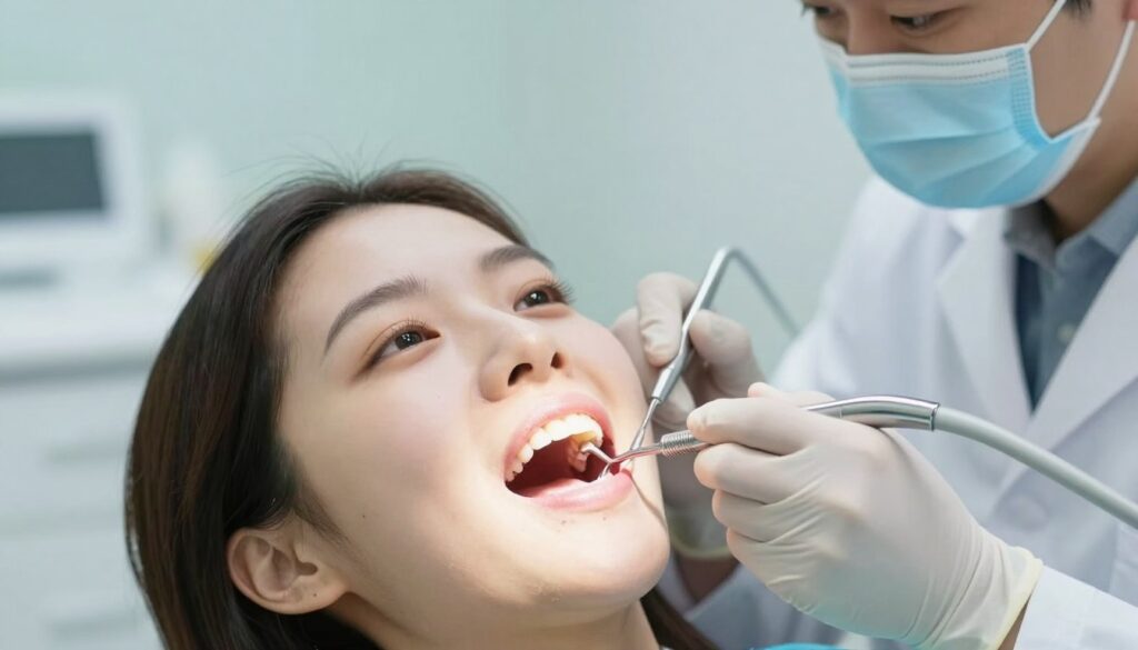 A serene, close-up scene depicting a dental extraction in a clinical setting, focusing on a tooth being gently removed by a professional dentist. In the foreground, a gloved hand holds dental tools, showcasing precision and care. The middle ground features the open mouth of a patient, portrayed with modesty and professionalism, the dentist's focused expression reflecting dedication. The background reveals a well-lit dental office with calming colors and a clean aesthetic, enhancing the atmosphere of safety and healing. Soft, natural lighting illuminates the scene, creating a clinical yet soothing ambiance. Capture the moment with a shallow depth of field to emphasize the extraction process while maintaining a respectful view of the patient.