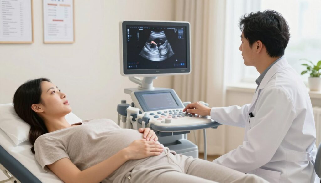 A serene maternity clinic setting showcasing a professional, skilled obstetrician performing a prenatal ultrasound on a pregnant woman in her third trimester. The foreground features the patient, comfortably dressed in a modest, casual outfit, lying on an examination table with a focused look, while the doctor, in a white lab coat, operates the ultrasound machine. Soft, natural lighting illuminates the scene, creating a warm and welcoming atmosphere. In the middle ground, the ultrasound screen displays a clear image of the baby, represented in soft pastels. The background reveals medical charts and a soothing decor, emphasizing a sense of care and professionalism. The overall mood is calm and reassuring, highlighting the importance of prenatal care during the third trimester of pregnancy. A serene maternity clinic setting showcasing a professional, skilled obstetrician performing a prenatal ultrasound on a pregnant woman in her third trimester. The foreground features the patient, comfortably dressed in a modest, casual outfit, lying on an examination table with a focused look, while the doctor, in a white lab coat, operates the ultrasound machine. Soft, natural lighting illuminates the scene, creating a warm and welcoming atmosphere. In the middle ground, the ultrasound screen displays a clear image of the baby, represented in soft pastels. The background reveals medical charts and a soothing decor, emphasizing a sense of care and professionalism. The overall mood is calm and reassuring, highlighting the importance of prenatal care during the third trimester of pregnancy.