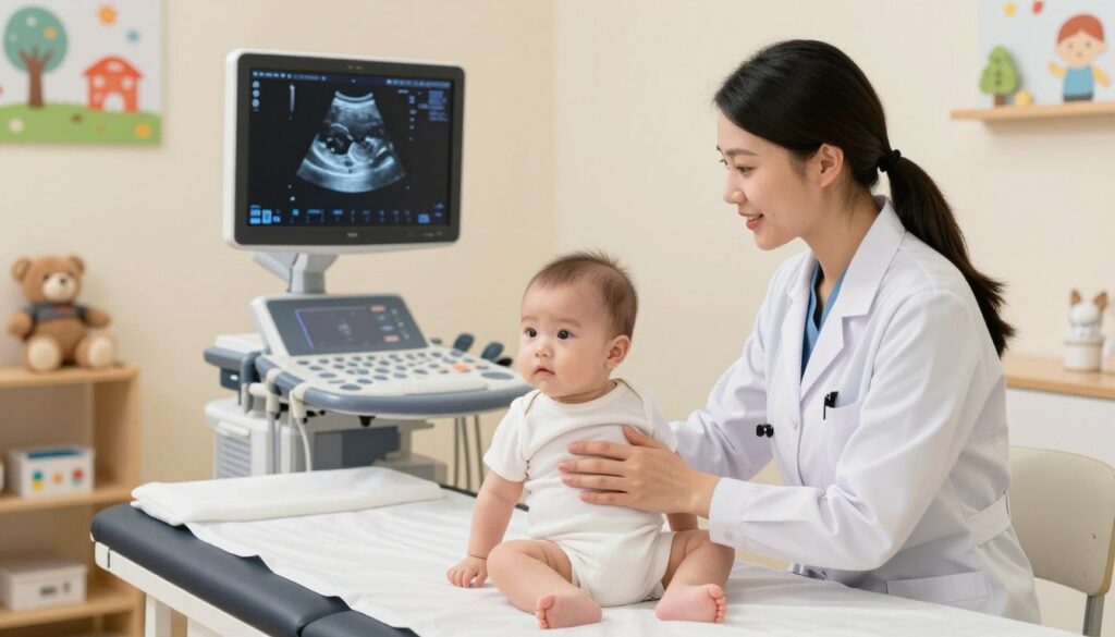 A serene pediatric examination room, brightly lit with soft, warm lighting that creates a welcoming atmosphere. In the foreground, a friendly pediatrician in professional attire is gently positioning a small baby on an examination table for a hip ultrasound. The baby is dressed in a modest onesie, appearing calm and curious. In the middle, a high-resolution ultrasound machine displays clear images of the baby's hip joint on its screen, with diagnostic tools nearby. The background features colorful children's decorations on the walls, creating a cheerful environment, while soft toys are placed on a shelf, enhancing the family-friendly vibe. The overall mood is reassuring and professional, emphasizing the importance of timely hip ultrasounds for infants. A serene pediatric examination room, brightly lit with soft, warm lighting that creates a welcoming atmosphere. In the foreground, a friendly pediatrician in professional attire is gently positioning a small baby on an examination table for a hip ultrasound. The baby is dressed in a modest onesie, appearing calm and curious. In the middle, a high-resolution ultrasound machine displays clear images of the baby's hip joint on its screen, with diagnostic tools nearby. The background features colorful children's decorations on the walls, creating a cheerful environment, while soft toys are placed on a shelf, enhancing the family-friendly vibe. The overall mood is reassuring and professional, emphasizing the importance of timely hip ultrasounds for infants.