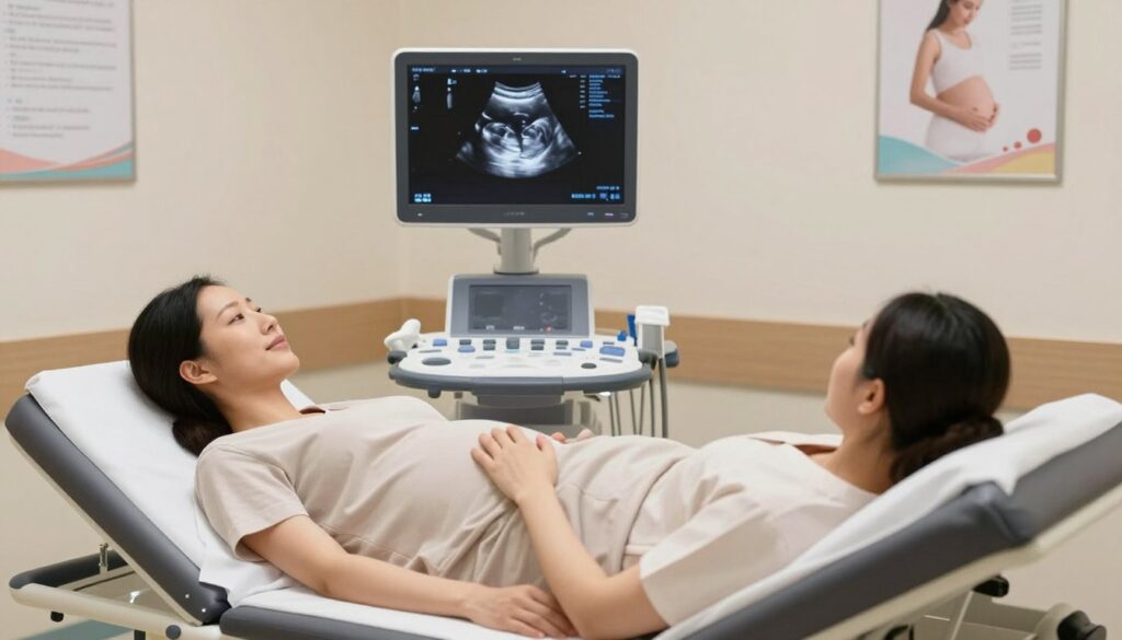A serene prenatal care scene in a modern medical office. In the foreground, a pregnant woman in a modest, professional outfit lies on an examination table, looking relaxed and hopeful as she engages with a healthcare professional. The middle layer features a focused ultrasound machine with a screen displaying a glimpse of the developing fetus, showcasing gentle movement. The background contains calming colors, soft lighting, and various prenatal care posters on the walls, emphasizing an atmosphere of comfort and professionalism. The scene captures a moment of connection and care between the patient and healthcare provider, reflecting the importance and safety of regular prenatal check-ups in pregnancy. The overall mood is positive and reassuring. A serene prenatal care scene in a modern medical office. In the foreground, a pregnant woman in a modest, professional outfit lies on an examination table, looking relaxed and hopeful as she engages with a healthcare professional. The middle layer features a focused ultrasound machine with a screen displaying a glimpse of the developing fetus, showcasing gentle movement. The background contains calming colors, soft lighting, and various prenatal care posters on the walls, emphasizing an atmosphere of comfort and professionalism. The scene captures a moment of connection and care between the patient and healthcare provider, reflecting the importance and safety of regular prenatal check-ups in pregnancy. The overall mood is positive and reassuring.