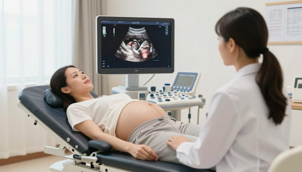 A serene prenatal diagnostic setting, showcasing a pregnant woman in a comfortable, modern ultrasound room. In the foreground, a healthcare professional in a lab coat attentively examines a high-resolution ultrasound screen displaying a detailed image of a fetus's head, highlighting the biparietal diameter (BPD) measurement. The middle layer features the woman lying on an adjustable examination table, maintaining a relaxed yet focused expression. Soft, diffused natural lighting illuminates the room, creating a calming atmosphere. In the background, medical equipment and charts can be seen, emphasizing a professional environment. The overall mood is one of care, expertise, and reassurance, capturing the essence of prenatal diagnostics. A serene prenatal diagnostic setting, showcasing a pregnant woman in a comfortable, modern ultrasound room. In the foreground, a healthcare professional in a lab coat attentively examines a high-resolution ultrasound screen displaying a detailed image of a fetus's head, highlighting the biparietal diameter (BPD) measurement. The middle layer features the woman lying on an adjustable examination table, maintaining a relaxed yet focused expression. Soft, diffused natural lighting illuminates the room, creating a calming atmosphere. In the background, medical equipment and charts can be seen, emphasizing a professional environment. The overall mood is one of care, expertise, and reassurance, capturing the essence of prenatal diagnostics.