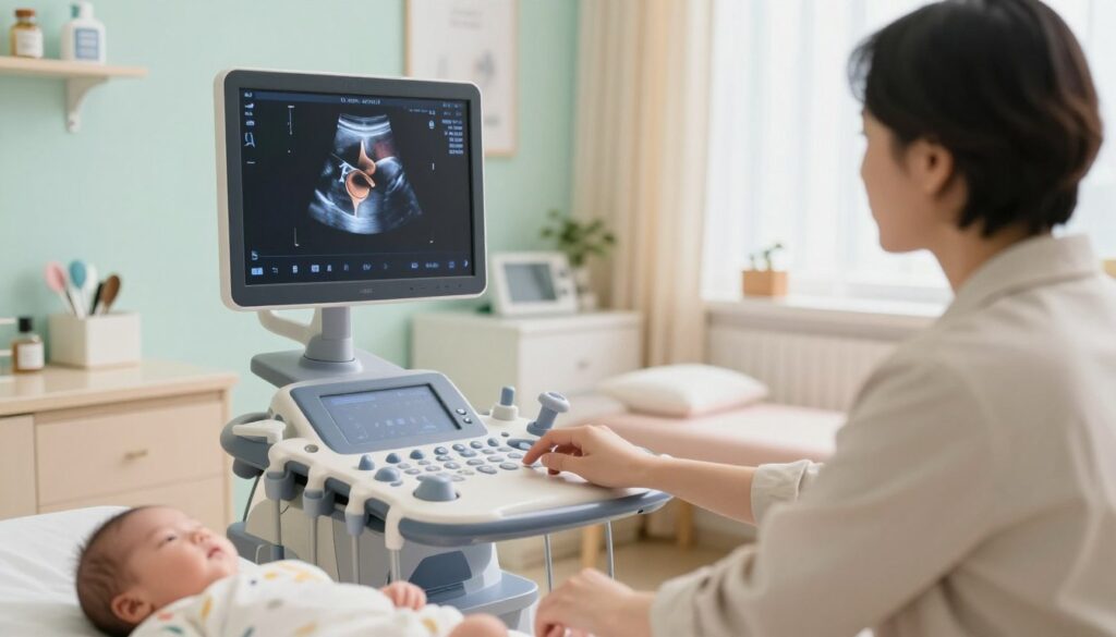 A serene, professional medical environment featuring a pediatric ultrasound examination of an infant's hips. In the foreground, a healthcare professional in modest, casual attire is gently operating an ultrasound machine, focusing on the screen displaying a vibrant image of the baby's hip joint. The middle layer showcases a cozy examination room with calming pastel colors, equipped with medical instruments neatly arranged on a light-colored countertop. In the background, soft natural lighting illuminates the space, creating a welcoming atmosphere. The scene captures the care and attention given during this essential procedure, evoking a sense of trust and safety for parents witnessing the examination of their newborn. The composition is balanced, with a slightly angled perspective to emphasize the interaction between the medical expert and the ultrasound apparatus. A serene, professional medical environment featuring a pediatric ultrasound examination of an infant's hips. In the foreground, a healthcare professional in modest, casual attire is gently operating an ultrasound machine, focusing on the screen displaying a vibrant image of the baby's hip joint. The middle layer showcases a cozy examination room with calming pastel colors, equipped with medical instruments neatly arranged on a light-colored countertop. In the background, soft natural lighting illuminates the space, creating a welcoming atmosphere. The scene captures the care and attention given during this essential procedure, evoking a sense of trust and safety for parents witnessing the examination of their newborn. The composition is balanced, with a slightly angled perspective to emphasize the interaction between the medical expert and the ultrasound apparatus.