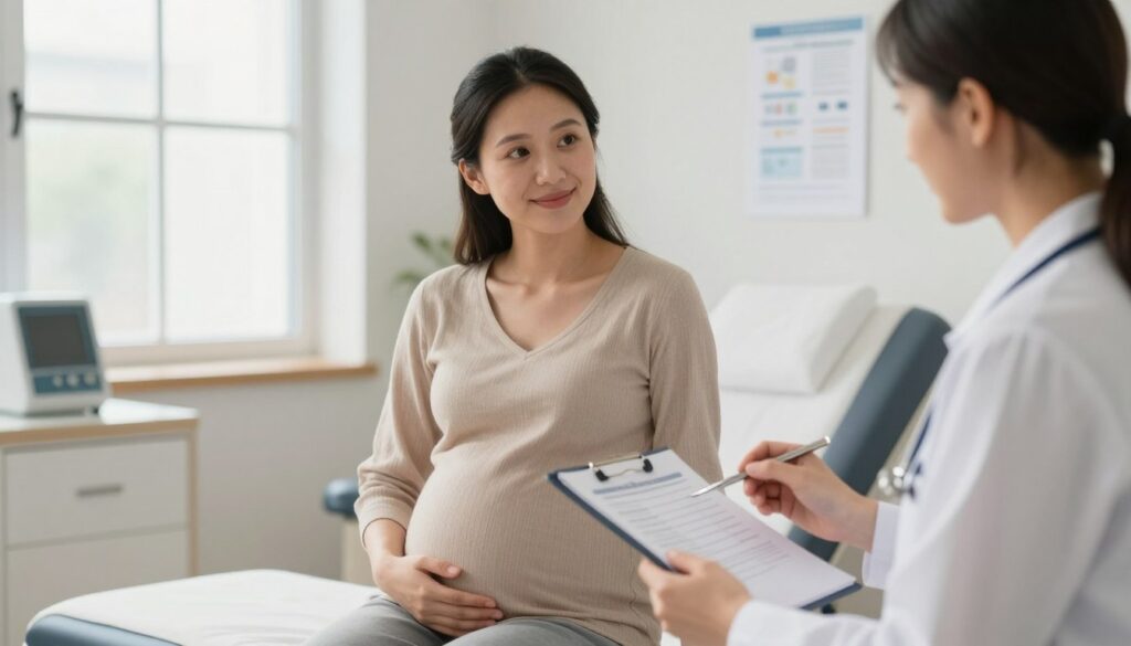 A serene scene capturing a pregnant woman in a modern healthcare setting, dressed in comfortable yet professional attire. She is seated in a well-lit examination room, with medical charts and equipment subtly in the background. Soft, natural light filters through a window, enhancing the warm ambiance of the space. The woman's expression is peaceful, with a slight smile as she attentively looks at a healthcare professional, who is explaining test results. The atmosphere conveys a sense of support and understanding, focusing on maternal health. The composition should emphasize the woman's pregnancy while ensuring her modesty is maintained, creating an inviting and informative visual representation.