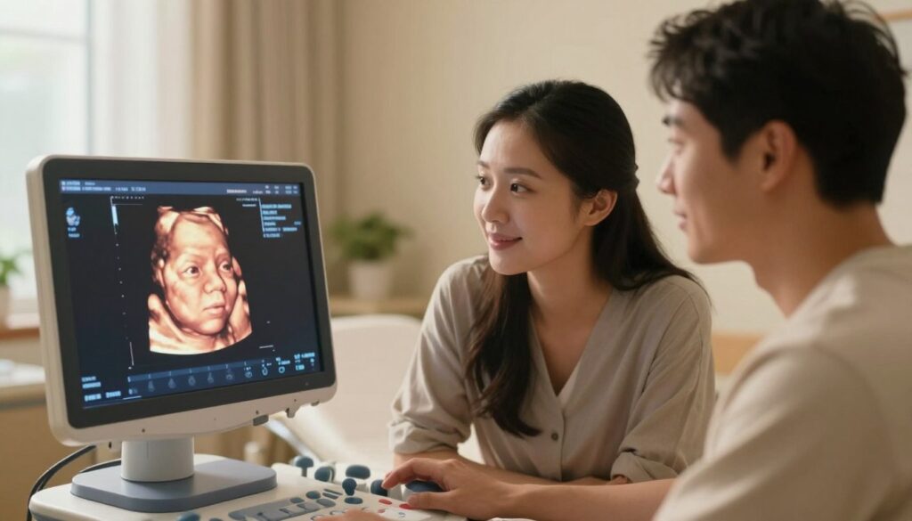 A serene scene capturing the essence of bonding between a parent and an unborn child through a 3D ultrasound. In the foreground, a glowing ultrasound monitor displays a clear, detailed image of a baby's face, illustrating its features with soft light. The middle layer features a loving parent, either mother or father, gazing at the image with a mixture of wonder and joy, dressed in modest casual clothing. Their expression reflects deep emotional connection and excitement. The background is softly blurred, depicting a comfortable, well-lit medical room with warm colors, creating a sense of intimacy and safety. The lighting is warm and inviting, evoking a feeling of hope and anticipation for the future. A serene scene capturing the essence of bonding between a parent and an unborn child through a 3D ultrasound. In the foreground, a glowing ultrasound monitor displays a clear, detailed image of a baby's face, illustrating its features with soft light. The middle layer features a loving parent, either mother or father, gazing at the image with a mixture of wonder and joy, dressed in modest casual clothing. Their expression reflects deep emotional connection and excitement. The background is softly blurred, depicting a comfortable, well-lit medical room with warm colors, creating a sense of intimacy and safety. The lighting is warm and inviting, evoking a feeling of hope and anticipation for the future.