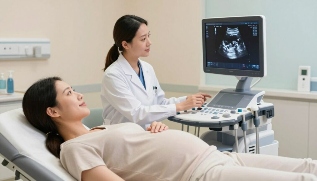 A serene, well-lit medical examination room, focusing on an ultrasound machine displaying a clear image of a baby in the womb. In the foreground, a pregnant woman in modest, comfortable clothing lies on an examination table, looking at the screen with a gentle smile, conveying a sense of hope and anticipation. The middle ground features a healthcare professional, dressed in a professional lab coat, attentively explaining the ultrasound results, emphasizing the bond between the mother and practitioner. In the background, soft, calming colors adorn the walls, and medical instruments are neatly organized, creating a peaceful and reassuring atmosphere. The lighting is bright yet soft, highlighting the emotional moment without being harsh. The angle captures both the mother’s expression and the ultrasound screen, encapsulating the essence of maternal care and health. A serene, well-lit medical examination room, focusing on an ultrasound machine displaying a clear image of a baby in the womb. In the foreground, a pregnant woman in modest, comfortable clothing lies on an examination table, looking at the screen with a gentle smile, conveying a sense of hope and anticipation. The middle ground features a healthcare professional, dressed in a professional lab coat, attentively explaining the ultrasound results, emphasizing the bond between the mother and practitioner. In the background, soft, calming colors adorn the walls, and medical instruments are neatly organized, creating a peaceful and reassuring atmosphere. The lighting is bright yet soft, highlighting the emotional moment without being harsh. The angle captures both the mother’s expression and the ultrasound screen, encapsulating the essence of maternal care and health.