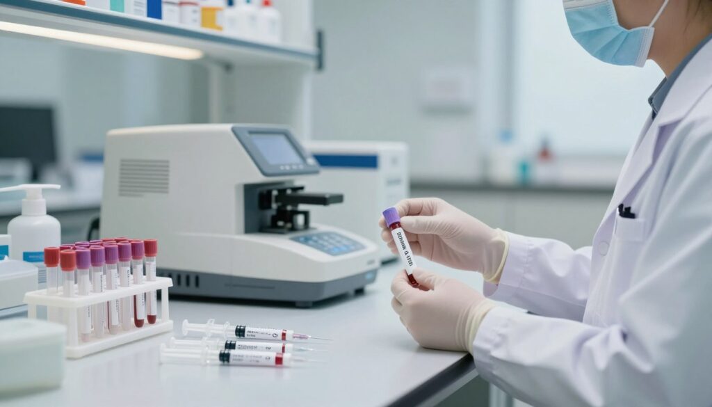 A serene, well-lit medical laboratory scene focusing on a countertop where a healthcare professional in professional attire is preparing for a TSH hormone level test. In the foreground, a labeled blood test kit and a selection of syringes and test tubes arranged neatly. In the middle ground, a soft-focus view of a medical device, like an analytical machine, indicating the process of measuring thyroid levels. The background features shelves with organized medical supplies and a gentle glow from overhead lighting that creates a calming atmosphere. The scene should convey professionalism and preparedness, emphasizing the importance of proper preparation for hormone level tests, bathed in a clean, sterile environment.
