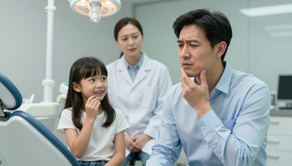 A split scene illustrating the differences in pain perception between adults and children regarding dental brace discomfort. In the foreground, a thoughtful adult male in professional attire, reflecting a sense of concern, rubs his jaw, showcasing a subtle expression of discomfort. Beside him, a young girl in modest casual clothing experiences a similar feeling but with a slightly more innocent and curious expression, possibly touching her braces. The middle ground features a dental office environment, including a dental chair and tools, with soft overhead lighting that casts gentle shadows. In the background, a calm and reassuring dentist observes the patients, highlighting a warm, empathetic atmosphere. The overall mood should be a mix of anxiety and reassurance, emphasizing the emotional experience of pain differently in adults and children. A split scene illustrating the differences in pain perception between adults and children regarding dental brace discomfort. In the foreground, a thoughtful adult male in professional attire, reflecting a sense of concern, rubs his jaw, showcasing a subtle expression of discomfort. Beside him, a young girl in modest casual clothing experiences a similar feeling but with a slightly more innocent and curious expression, possibly touching her braces. The middle ground features a dental office environment, including a dental chair and tools, with soft overhead lighting that casts gentle shadows. In the background, a calm and reassuring dentist observes the patients, highlighting a warm, empathetic atmosphere. The overall mood should be a mix of anxiety and reassurance, emphasizing the emotional experience of pain differently in adults and children.