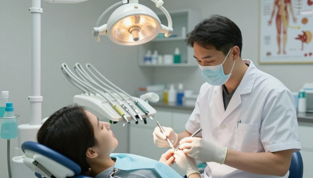 A sterile dental clinic setting highlighting the step-by-step process of a tooth extraction. In the foreground, show a dentist in professional attire, calmly explaining the procedure to a patient reclining in a dental chair, both appearing relaxed. The middle ground features dental tools neatly organized on a tray, while an illuminated dental lamp casts warm, focused light over the area. In the background, shelves hold dental supplies and anatomical posters, enhancing the clinical atmosphere. Soft, diffused lighting creates a calm mood, making the setting feel professional yet inviting. Capture this from a slightly elevated angle to provide a comprehensive view of the procedure, ensuring no text or distractions are present. A sterile dental clinic setting highlighting the step-by-step process of a tooth extraction. In the foreground, show a dentist in professional attire, calmly explaining the procedure to a patient reclining in a dental chair, both appearing relaxed. The middle ground features dental tools neatly organized on a tray, while an illuminated dental lamp casts warm, focused light over the area. In the background, shelves hold dental supplies and anatomical posters, enhancing the clinical atmosphere. Soft, diffused lighting creates a calm mood, making the setting feel professional yet inviting. Capture this from a slightly elevated angle to provide a comprehensive view of the procedure, ensuring no text or distractions are present.