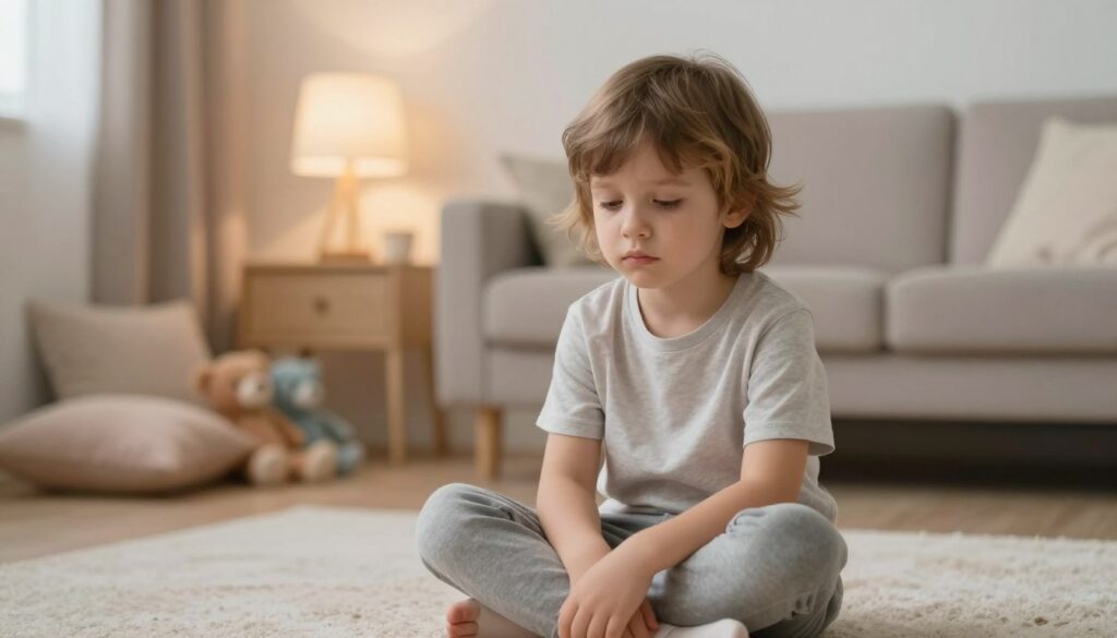 A thoughtful depiction of symptoms related to hypothyroidism in children. In the foreground, a young child with a pensive expression, sitting cross-legged on a soft rug, wearing comfortable, modest home attire. Their gaze reflects fatigue and sluggishness, with slight drooping eyes and pale skin. The middle ground features a gentle family setting with a cozy lamp casting warm, ambient light, pillows, and toys scattered around, emphasizing a sense of comfort yet underlying concern about health. In the background, soft pastel colors create a soothing atmosphere. The focus is on capturing the melancholy yet serene mood, highlighting the importance of parental care amidst the symptoms of thyroid issues. A shallow depth of field to emphasize the child's expression, without distractions.