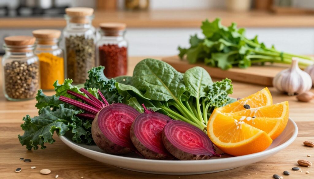 A vibrant and nutritious display of foods emphasizing a blood health diet. In the foreground, a beautifully arranged plate featuring rich red beets, dark leafy greens like spinach and kale, bright oranges, and a variety of nuts and seeds artfully scattered. In the middle, a wooden table adorned with jars of colorful spices and herbs, including turmeric and garlic, representing the essence of healthy cooking. In the background, soft-focus kitchen elements, such as a cutting board and fresh herbs, add warmth and homeliness to the scene. The lighting is warm and inviting, creating a natural, earthy atmosphere. The overall mood is uplifting and health-conscious, ideal for illustrating the concept of improving blood morphology through a wholesome diet. A vibrant and nutritious display of foods emphasizing a blood health diet. In the foreground, a beautifully arranged plate featuring rich red beets, dark leafy greens like spinach and kale, bright oranges, and a variety of nuts and seeds artfully scattered. In the middle, a wooden table adorned with jars of colorful spices and herbs, including turmeric and garlic, representing the essence of healthy cooking. In the background, soft-focus kitchen elements, such as a cutting board and fresh herbs, add warmth and homeliness to the scene. The lighting is warm and inviting, creating a natural, earthy atmosphere. The overall mood is uplifting and health-conscious, ideal for illustrating the concept of improving blood morphology through a wholesome diet.
