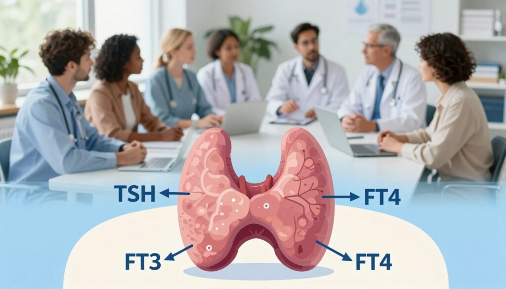 A vibrant, educational illustration depicting the role of thyroid hormones in the human body. In the foreground, a stylized anatomical diagram of a thyroid gland, showcasing its structure and placement in the neck. Surrounding the gland, arrows and labels indicating TSH, FT3, and FT4 hormones, visually representing their functions and pathways. In the middle ground, a diverse group of healthcare professionals in smart casual attire discussing the importance of thyroid function, symbolizing collaboration in health analysis. The background features a calm and grounded atmosphere, with soft blue and green hues, suggesting health and well-being. Bright, natural lighting enhances clarity, and the scene is captured from a slightly elevated angle for an informative perspective.