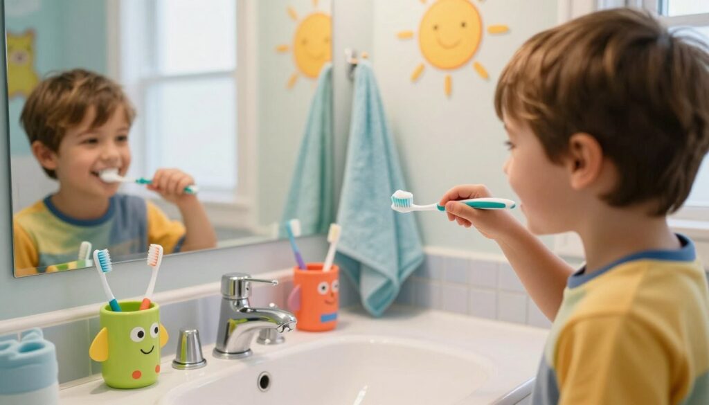 A vibrant, engaging scene depicting a child happily brushing their teeth in a bright, cheerful bathroom setting. In the foreground, the child, a young boy around 6 years old wearing a colorful t-shirt, smiles in front of a mirror, holding a toothbrush with a dollop of toothpaste. The middle ground features a colorful bathroom sink with fun, child-friendly toothbrush holders and soft, plush towels. The background includes cheerful wall decorations, perhaps cartoon animals or a bright sun, bringing a sense of joy and positivity. Natural light filters in through a window, creating a warm and inviting atmosphere. The overall mood is playful and encouraging, emphasizing the importance of a daily dental hygiene routine for children.