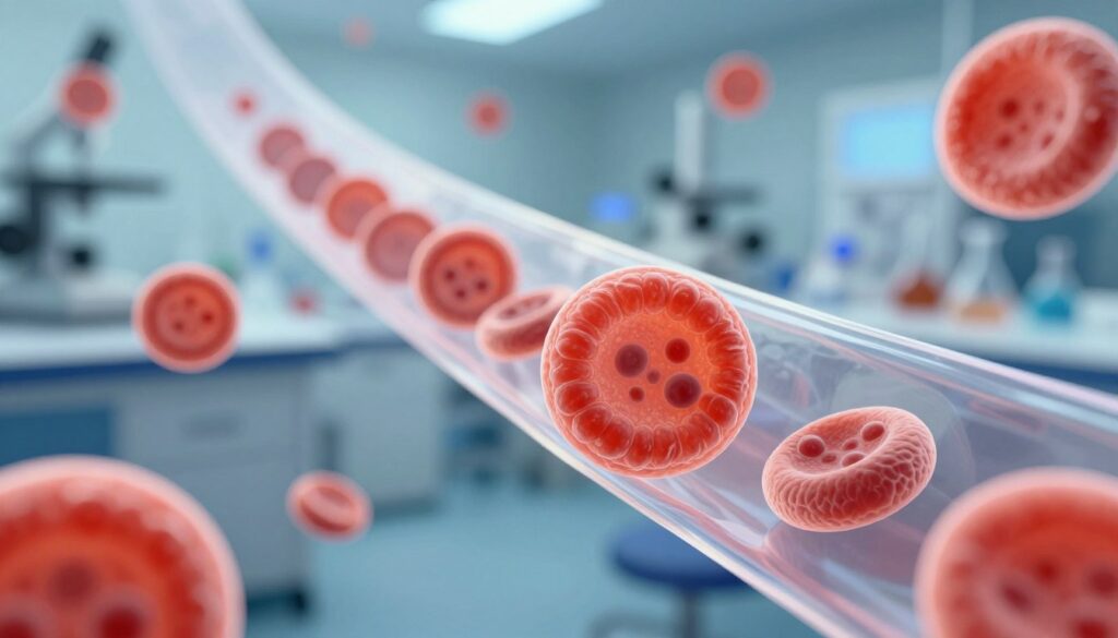 A vibrant medical illustration showcasing an increased level of eosinophils in the blood. In the foreground, a detailed close-up of blood cells, prominently featuring eosinophils with their distinctive bi-lobed nucleus and red-orange granules. The middle ground presents a semi-transparent blood vessel, highlighting the flow of blood and the presence of eosinophils. The background is a softly blurred laboratory setting, filled with scientific equipment and glassware, illuminated by gentle, diffused lighting that creates a clinical atmosphere. The overall mood conveys a sense of discovery and scientific inquiry, emphasizing the importance of understanding eosinophil levels in medical diagnostics. The image composition should focus on clarity and educational value, without any text or overlays.
