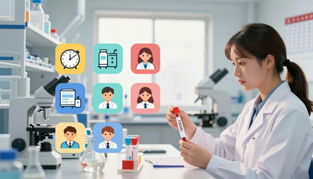 A visually engaging and informative illustration depicting various factors influencing the waiting time for laboratory results, specifically for TSH testing. In the foreground, a modern laboratory setting with a focused female lab technician in professional attire, analyzing test tubes filled with samples. In the middle ground, an array of icons representing factors like sample preparation time, laboratory equipment efficiency, and staff workload, each rendered in a vibrant color palette. The background features a bright, well-lit lab environment with advanced medical equipment and a calendar highlighting certain timeframes, creating a sense of urgency. The mood is professional and scientific, conveying a sense of reliability and accuracy in medical testing. The composition is balanced with a warm ambient light that enhances the clarity of details without any text or overlays.