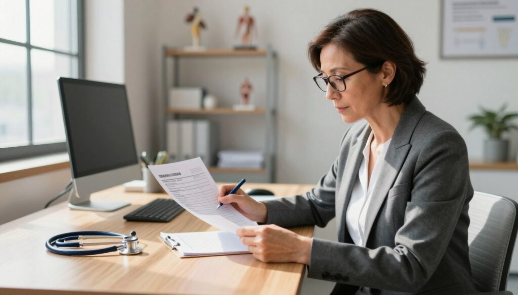 A visually engaging composition depicting a healthcare professional in a modern office setting, attentively reviewing a blood test referral document on a sleek wooden desk. The foreground features the professional, a middle-aged woman in professional business attire, wearing glasses while taking notes. In the middle ground, the blood test document is slightly angled, showcasing its detailed information. The background shows a well-organized medical office with a stethoscope, a computer, and anatomical models on shelves, creating an atmosphere of professionalism and care. Bright, natural lighting streams in from a large window, casting soft shadows and highlighting the importance of checking the validity of the referral. The overall mood conveys trust and diligence in health management. A visually engaging composition depicting a healthcare professional in a modern office setting, attentively reviewing a blood test referral document on a sleek wooden desk. The foreground features the professional, a middle-aged woman in professional business attire, wearing glasses while taking notes. In the middle ground, the blood test document is slightly angled, showcasing its detailed information. The background shows a well-organized medical office with a stethoscope, a computer, and anatomical models on shelves, creating an atmosphere of professionalism and care. Bright, natural lighting streams in from a large window, casting soft shadows and highlighting the importance of checking the validity of the referral. The overall mood conveys trust and diligence in health management.