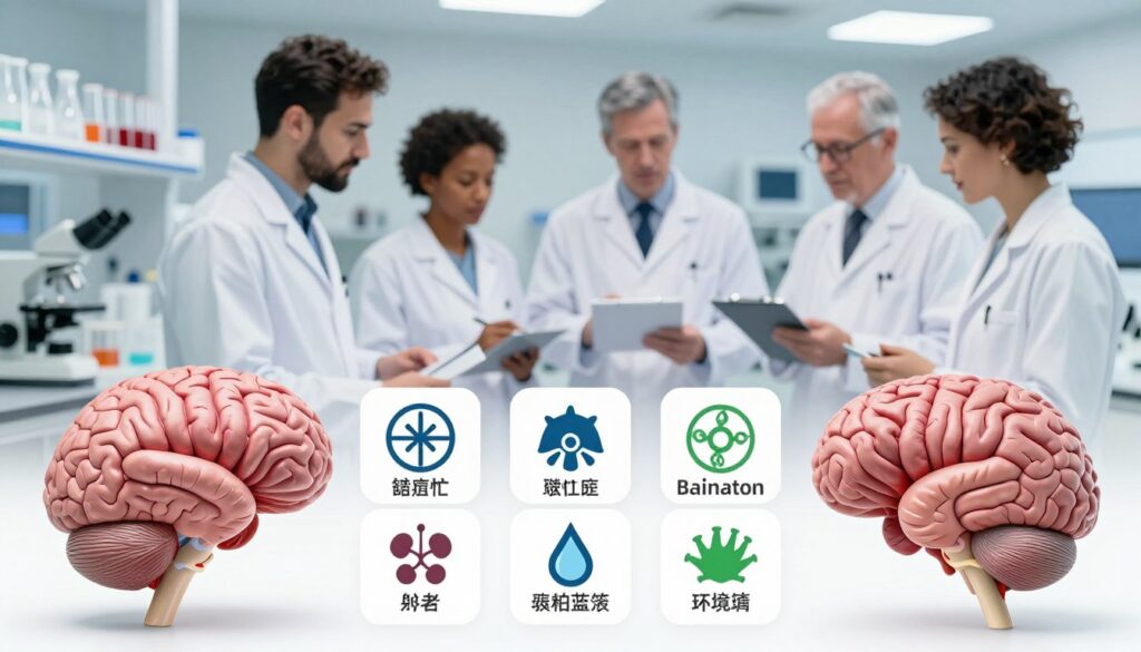A visually engaging illustration depicting the various risk factors for brain tumors, arranged in an informative manner. In the foreground, include detailed anatomical models of the human brain showcasing tumors, interspersed with health information icons symbolizing genetics, age, exposure to radiation, and environmental toxins. The middle ground should feature a diverse group of professionals wearing lab coats, examining test results and engaging in discussion, highlighting the role of blood morphology in diagnosing brain tumors. The background should illustrate a laboratory setting with test tubes and microscopes, softly illuminated with bright, focused lighting to create a clinical atmosphere. Ensure a balanced composition, with a slight depth of field to emphasize the foreground elements, evoking a serious yet hopeful mood about medical research and understanding.