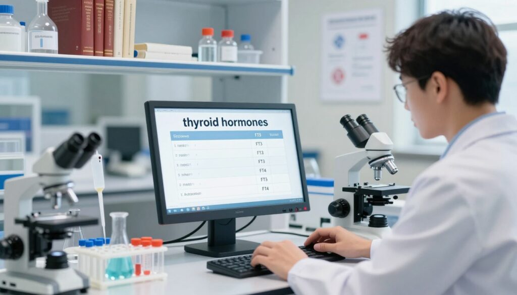 A visually engaging illustration of "thyroid hormones" focusing on FT3 and FT4, set in a clinical laboratory environment. In the foreground, show a researcher in professional attire, intently analyzing test results on a digital screen displaying thyroid hormone levels. In the middle, include various lab equipment like pipettes, flasks, and a microscope, bathed in soft, natural lighting that conveys a sense of professionalism and precision. The background features shelves filled with scientific books and medical charts, subtly hinting at the complexity of thyroid diagnostics. Use a slight blurred background effect to enhance depth while keeping the researcher and equipment in sharp focus. The overall mood should be informative and focused, encouraging a sense of curiosity about thyroid health.