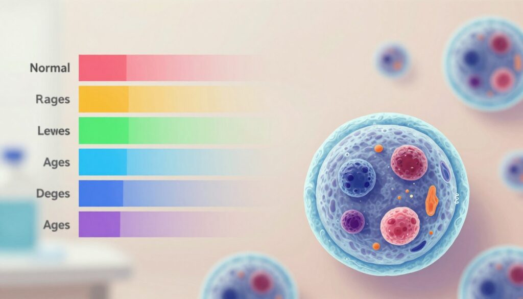 A visually informative illustration depicting different levels of lymphocytes in a medical context. In the foreground, a detailed, labeled diagram of a lymphocyte cell, showcasing its structure and key components like the nucleus and cytoplasm. In the middle ground, a set of colored graphs or charts indicating the normal range of lymphocyte levels for various age groups and health statuses, each with distinct colors for clarity. The background should be a soft, neutral hue that enhances focus on the diagrams and charts, lightly blurred to create depth. Soft, even lighting should illuminate the entire composition, creating a professional and educational atmosphere suitable for a healthcare article. The image should retain a clean and modern aesthetic without any text or overlay elements.