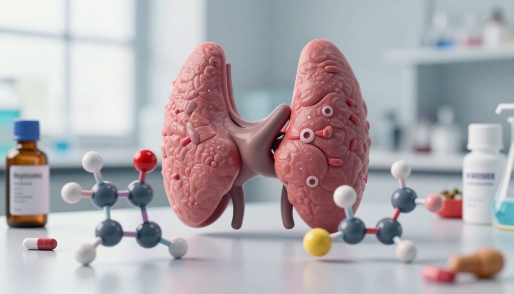 A visually striking illustration of thyroid hormones, emphasizing their biochemical structures and functions. In the foreground, depict stylized molecular models of hormones like thyroxine and triiodothyronine, showcasing intricate connections and vibrant colors to represent molecular interactions. The middle ground should feature a symbolic representation of the thyroid gland, detailed and anatomically accurate, surrounded by small icons of medication bottles and dietary supplements, emphasizing their influence on thyroid function. In the background, a softly blurred laboratory setting, with natural lighting filtering through windows to create a calm and professional atmosphere. Capture the mood of scientific inquiry and health awareness, using a macro lens perspective to highlight the details of the molecules and their surroundings. No text or overlay elements included.
