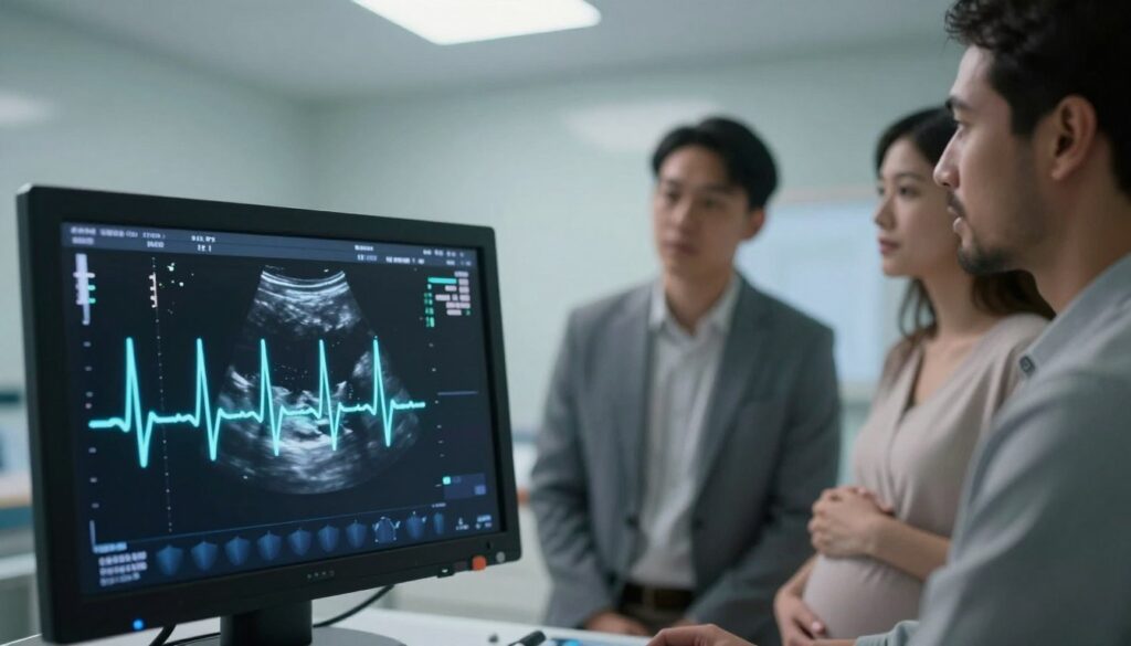 A visually striking representation of a fetal heart rate, depicted artistically through an ultrasound monitor display. In the foreground, the screen shows a vibrant wave pattern characteristic of a fetal heartbeat, glowing subtly against a dark background. The middle layer features a blurred silhouette of expectant parents observing the monitor, dressed in professional business attire, their expressions a blend of curiosity and anticipation. The background is softly illuminated with clinical lighting, evoking an atmosphere of hope and medical professionalism, suggesting a sterile and calming environment. The lens captures a slight angle to give depth, enhancing the emotional weight of the moment.