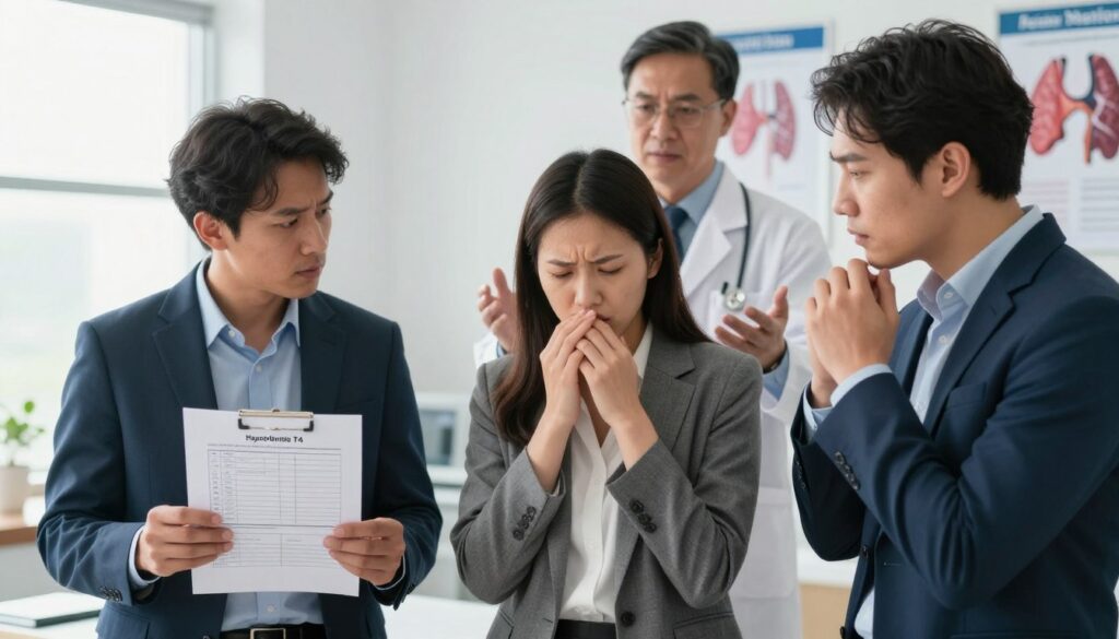 A vivid illustration depicting the clinical symptoms of excessive thyroid hormone levels, specifically T4. In the foreground, a diverse group of three individuals, dressed in professional business attire, each displaying signs of hyperthyroidism: one holds a medical chart showing elevated hormone levels, while another appears anxious, fidgeting with their hands. In the middle ground, a healthcare professional in a lab coat actively engages with the group, discussing symptoms like weight loss, rapid heartbeat, and nervousness, depicted through subtle body language. The background features a softly lit examination room, with medical posters about thyroid function on the walls. The atmosphere is clinical yet approachable, illuminated by natural light from a window, conveying a sense of urgency and care. A vivid illustration depicting the clinical symptoms of excessive thyroid hormone levels, specifically T4. In the foreground, a diverse group of three individuals, dressed in professional business attire, each displaying signs of hyperthyroidism: one holds a medical chart showing elevated hormone levels, while another appears anxious, fidgeting with their hands. In the middle ground, a healthcare professional in a lab coat actively engages with the group, discussing symptoms like weight loss, rapid heartbeat, and nervousness, depicted through subtle body language. The background features a softly lit examination room, with medical posters about thyroid function on the walls. The atmosphere is clinical yet approachable, illuminated by natural light from a window, conveying a sense of urgency and care.