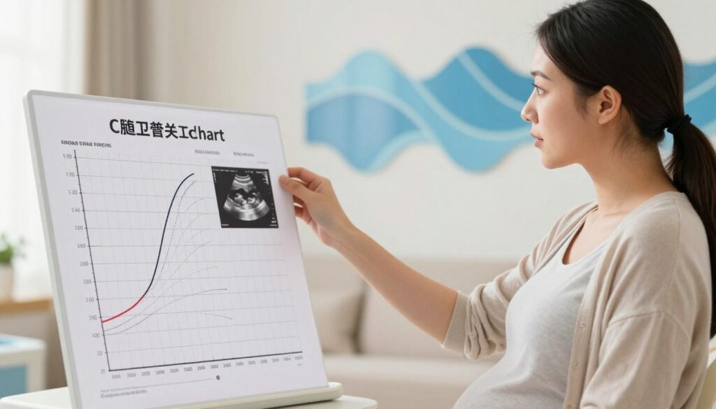 A vivid illustration depicting the concept of centile charts during pregnancy, specifically centering on growth assessment in the third trimester. In the foreground, a well-organized, labeled centile chart featuring detailed curves and ranges representing fetal growth metrics. In the middle ground, a nurturing pregnant woman in modest casual clothing, gently examining the chart with a look of curiosity, embodies the emotional connection of expecting parents to their baby's development. The background includes soft, soothing colors that evoke a sense of calmness, with abstract representations of ultrasound waves or gentle waves of blue to symbolize prenatal care. Use natural soft lighting to enhance the warm atmosphere, ensuring the composition feels informative and engaging, without any text or distracting elements. A vivid illustration depicting the concept of centile charts during pregnancy, specifically centering on growth assessment in the third trimester. In the foreground, a well-organized, labeled centile chart featuring detailed curves and ranges representing fetal growth metrics. In the middle ground, a nurturing pregnant woman in modest casual clothing, gently examining the chart with a look of curiosity, embodies the emotional connection of expecting parents to their baby's development. The background includes soft, soothing colors that evoke a sense of calmness, with abstract representations of ultrasound waves or gentle waves of blue to symbolize prenatal care. Use natural soft lighting to enhance the warm atmosphere, ensuring the composition feels informative and engaging, without any text or distracting elements.