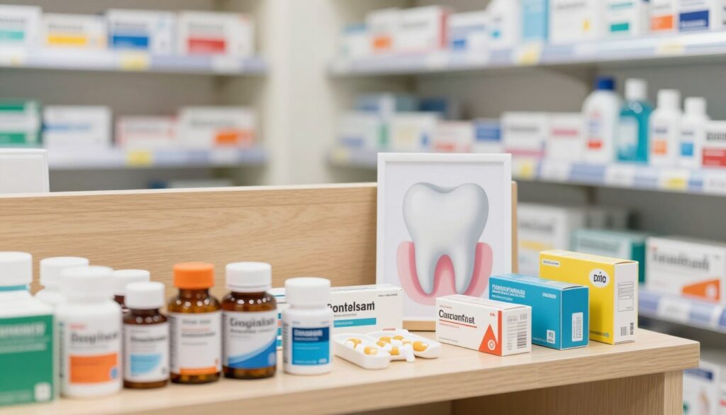 A well-lit pharmacy shelf showcasing a selection of over-the-counter pain relief medications specifically for toothaches. In the foreground, colorful pill bottles and small boxes indicating different brands are neatly arranged. The middle ground features a wooden counter with a dental poster depicting a tooth, emphasizing oral health in a subtle manner. The background includes soft, blurred shelves of dental care products such as toothpaste and mouthwash, creating a clean and organized environment. The lighting is bright and inviting, suggesting a sense of comfort and relief. The mood is informative and reassuring, emphasizing that these medications offer temporary relief for toothache pain. A well-lit pharmacy shelf showcasing a selection of over-the-counter pain relief medications specifically for toothaches. In the foreground, colorful pill bottles and small boxes indicating different brands are neatly arranged. The middle ground features a wooden counter with a dental poster depicting a tooth, emphasizing oral health in a subtle manner. The background includes soft, blurred shelves of dental care products such as toothpaste and mouthwash, creating a clean and organized environment. The lighting is bright and inviting, suggesting a sense of comfort and relief. The mood is informative and reassuring, emphasizing that these medications offer temporary relief for toothache pain.
