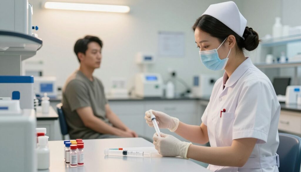 A well-organized medical laboratory scene illustrating the preparation for a blood test. In the foreground, a nurse in professional attire carefully prepares vials and syringes on a sterile countertop, focusing on the process of drawing blood. In the middle ground, a patient sits calmly in a chair, dressed in modest casual clothing, listening to the nurse’s instructions. The environment is bright and sterile, with overhead lighting casting a warm glow, and lab equipment neatly arranged in the background. The overall mood is calm and reassuring, emphasizing professionalism and care. Soft shadows enhance the realism of the scene, suggesting a clean and organized atmosphere, perfect for a medical setting focused on health and wellness. A well-organized medical laboratory scene illustrating the preparation for a blood test. In the foreground, a nurse in professional attire carefully prepares vials and syringes on a sterile countertop, focusing on the process of drawing blood. In the middle ground, a patient sits calmly in a chair, dressed in modest casual clothing, listening to the nurse’s instructions. The environment is bright and sterile, with overhead lighting casting a warm glow, and lab equipment neatly arranged in the background. The overall mood is calm and reassuring, emphasizing professionalism and care. Soft shadows enhance the realism of the scene, suggesting a clean and organized atmosphere, perfect for a medical setting focused on health and wellness.
