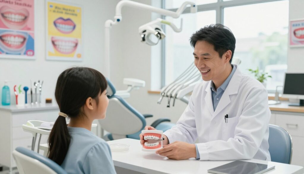An orthodontist's consultation room, showcasing a professional and inviting atmosphere. In the foreground, a friendly orthodontist in a white coat discussing treatment plans with a young patient, both smiling and engaging. The orthodontist is showing an orthodontic model on the desk. The middle ground features a dental chair, colorful posters of dental care on the walls, and various orthodontic instruments neatly arranged on a counter. The background displays a large window with natural light streaming in, creating a warm and hopeful ambiance. The setting conveys trust and professionalism, emphasizing the importance of the first orthodontic consultation in a patient's treatment journey. An orthodontist's consultation room, showcasing a professional and inviting atmosphere. In the foreground, a friendly orthodontist in a white coat discussing treatment plans with a young patient, both smiling and engaging. The orthodontist is showing an orthodontic model on the desk. The middle ground features a dental chair, colorful posters of dental care on the walls, and various orthodontic instruments neatly arranged on a counter. The background displays a large window with natural light streaming in, creating a warm and hopeful ambiance. The setting conveys trust and professionalism, emphasizing the importance of the first orthodontic consultation in a patient's treatment journey.